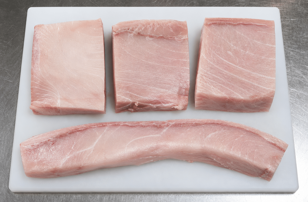 Lườn bụng cá cờ kiếm sashimi raw cuts trên thớt trắng