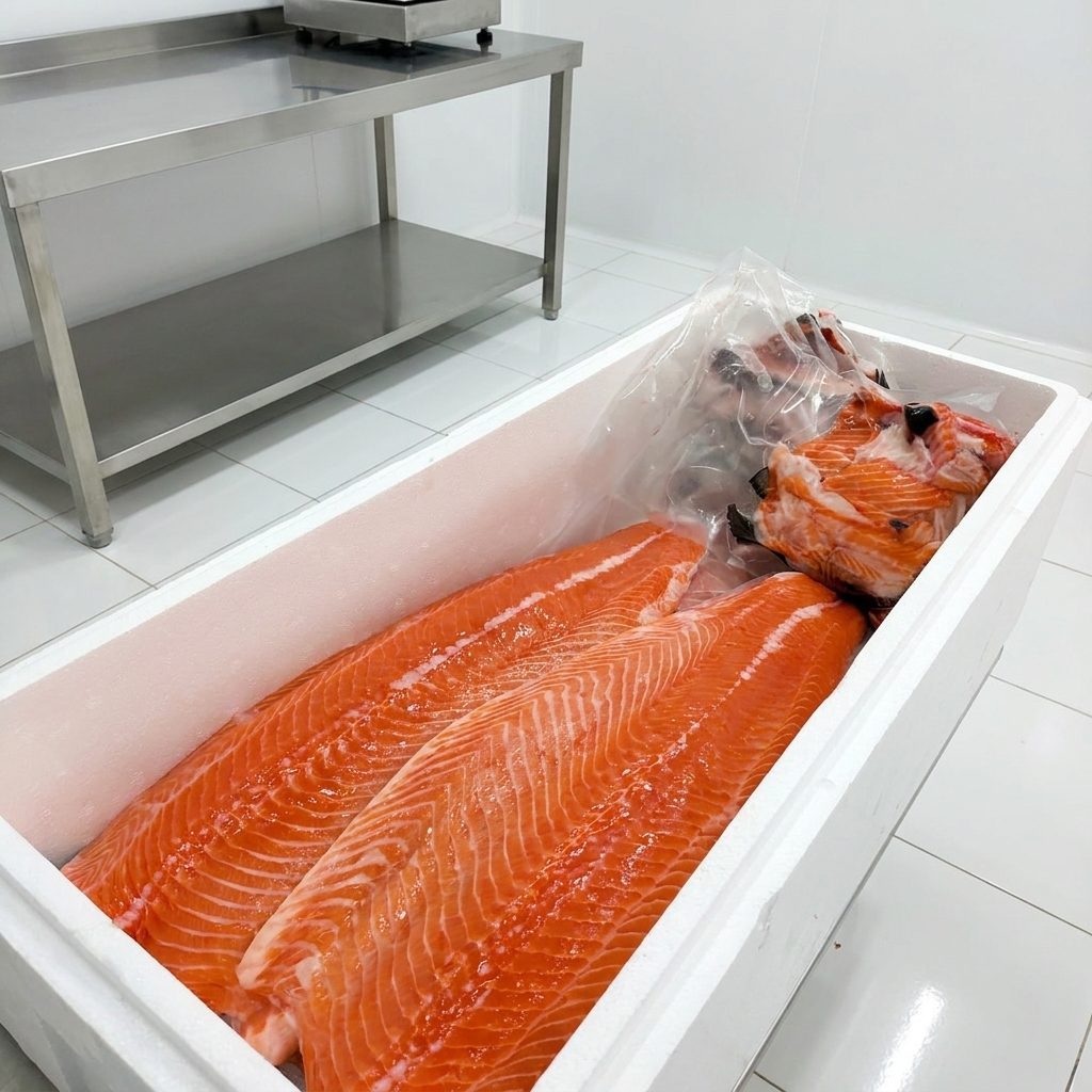 Phi lê cá hồi tươi cấp đông dự trữ trong thùng đá kho lạnh