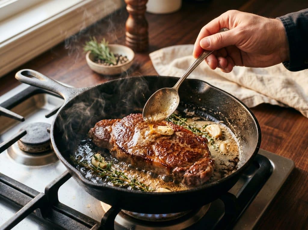 Áp chảo steak bò công nghệ trên chảo gang