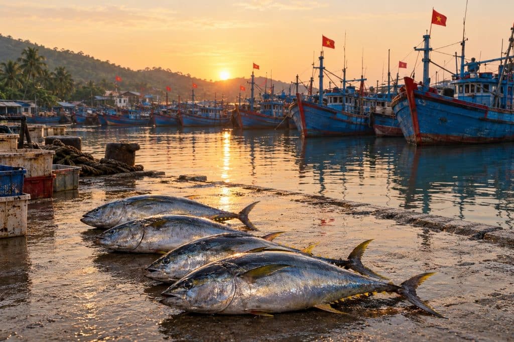 Cá ngừ đại dương tại cảng cá Đông Tác Phú Yên, tàu cá neo bến